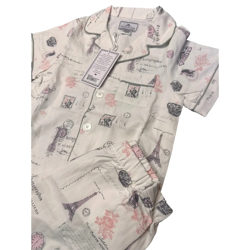 Petite Plume Girls Paris Musings Classic Short Pajama Set White Pink Size 2 NEW